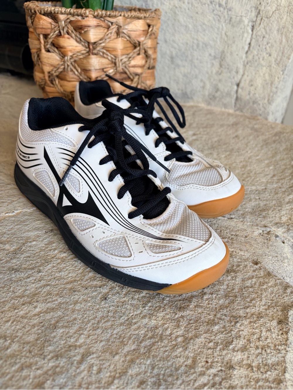 Mizuno Women's Court Sneakers in White, Black & Gum